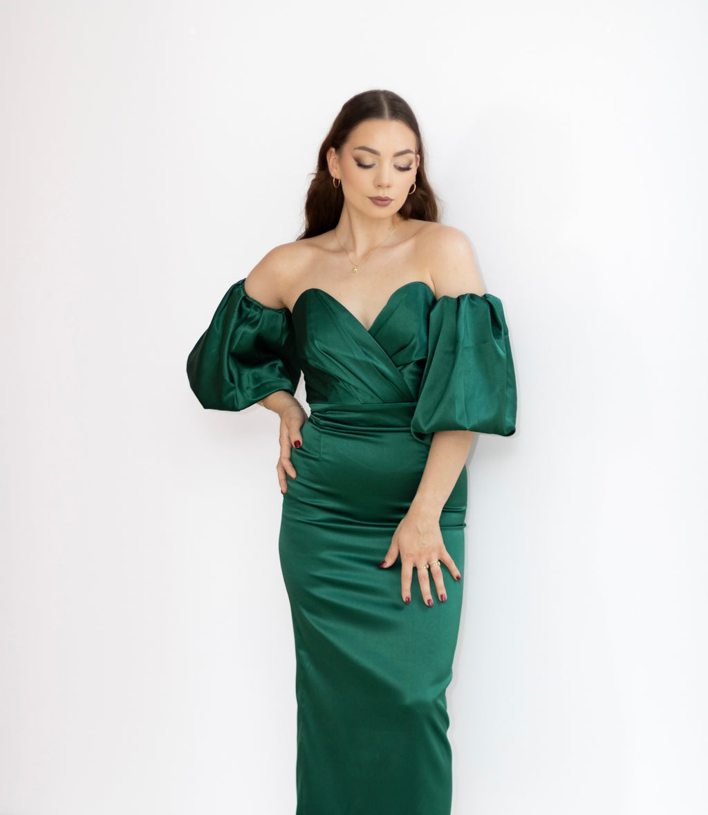 Kristall satynowa sukienka midi ciemna zieleń