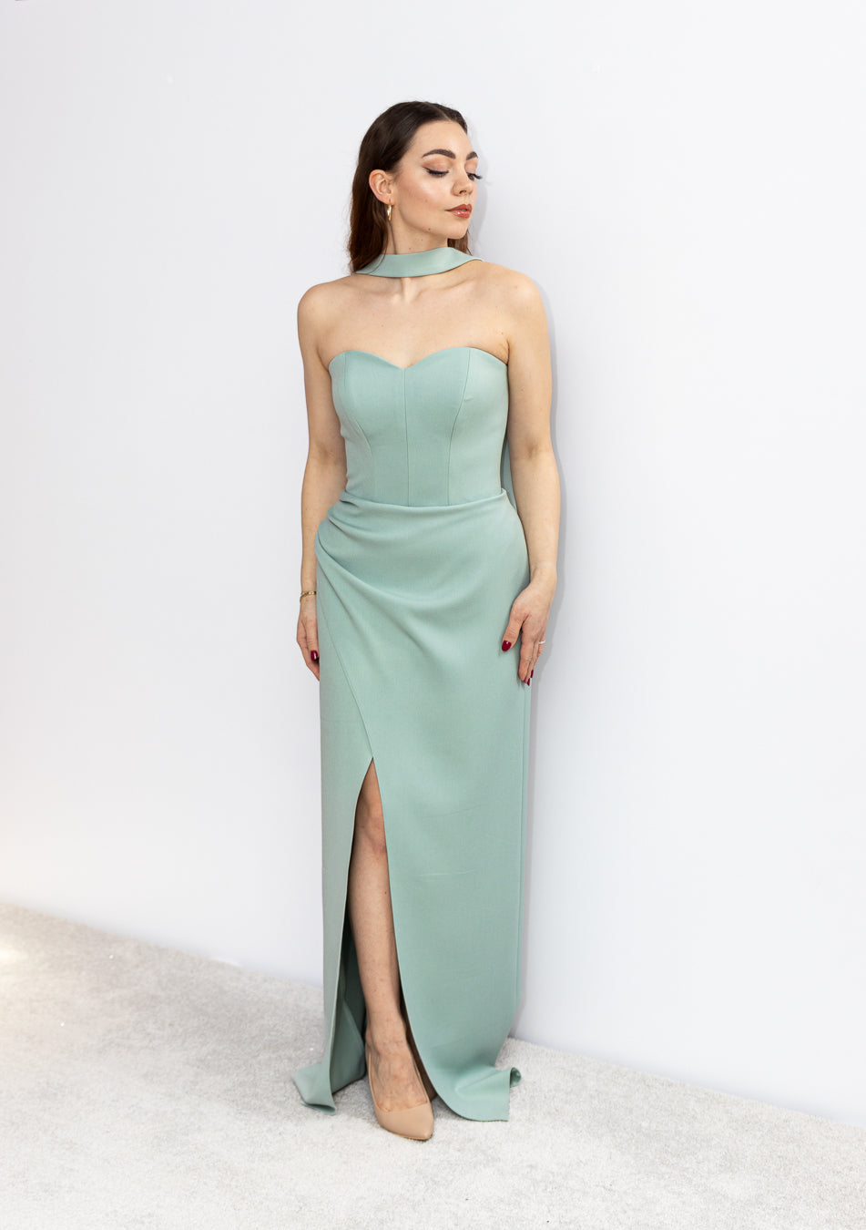 Blossom dopasowana sukienka maxi z gorsetem szałwia