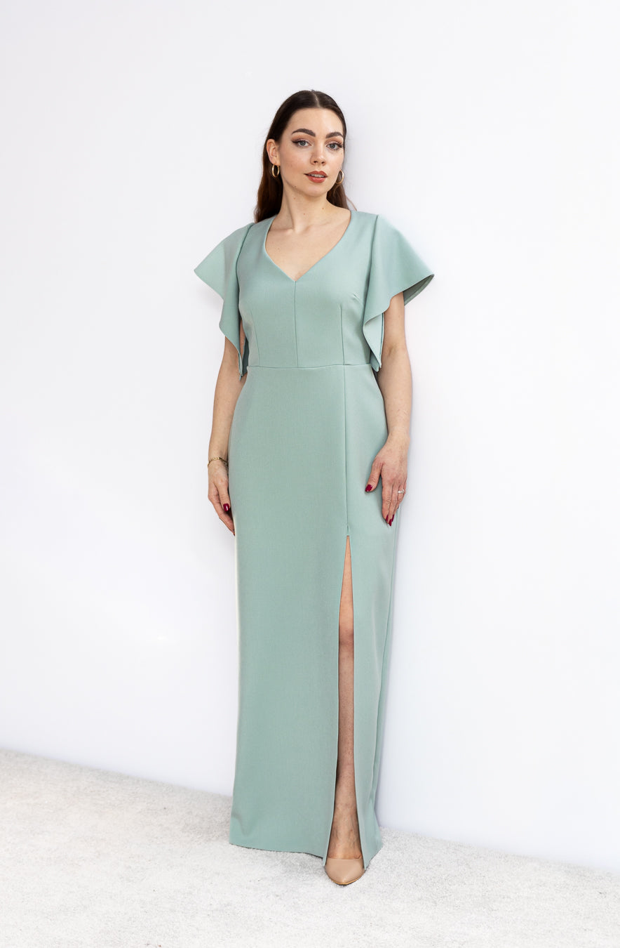 Spring dopasowana sukienka maxi z motylkiem szałwia