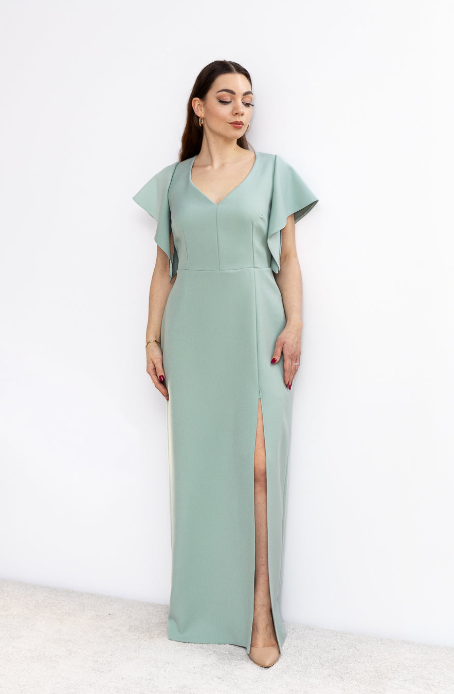 Spring dopasowana sukienka maxi z motylkiem szałwia