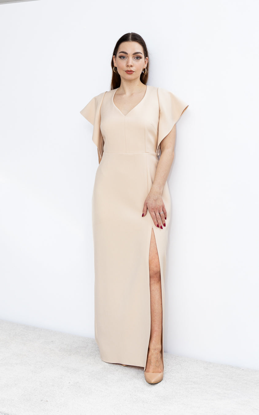 Spring dopasowana sukienka maxi z motylkiem beżowa