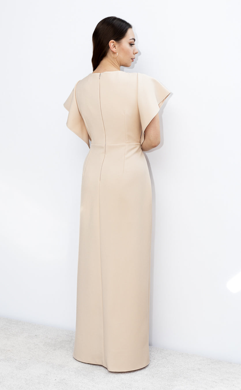 Spring dopasowana sukienka maxi z motylkiem beżowa